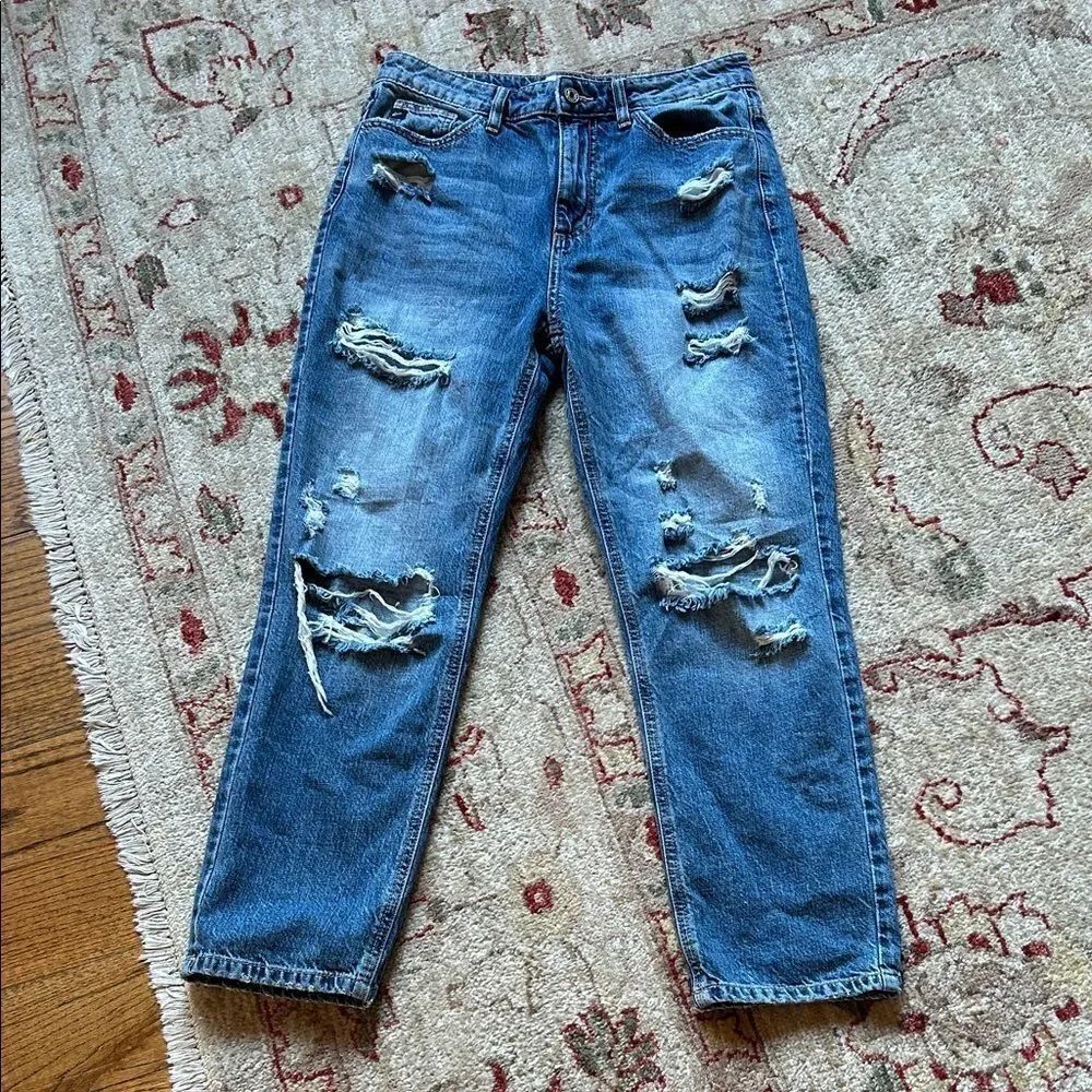 KanCan Destroyed Relaxed Distressed 100% Cotton 12” Rise Denim Jeans Size 7
